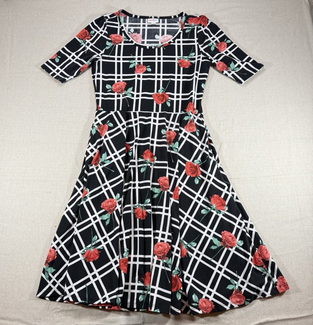 LuLaRoe Amelia Dress Womens Large Black Floral Rose Grid Fit Flare Pockets